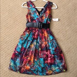 NWT V-neck Sleeveless Dress, pockets, & belt.